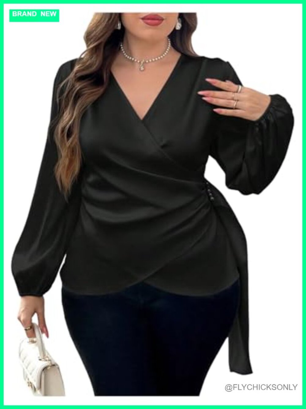 Plus Size Satin Asymmetrical Wrap Top V Neck Long Sleeve Cocktail Blouse